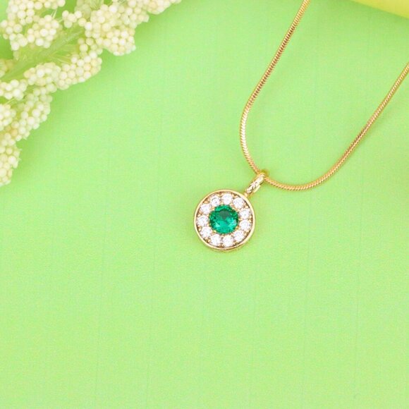 "Green Crystal Halo Pendant in Rose Gold – Round Design, XPPT1596 - Picture 10 of 10